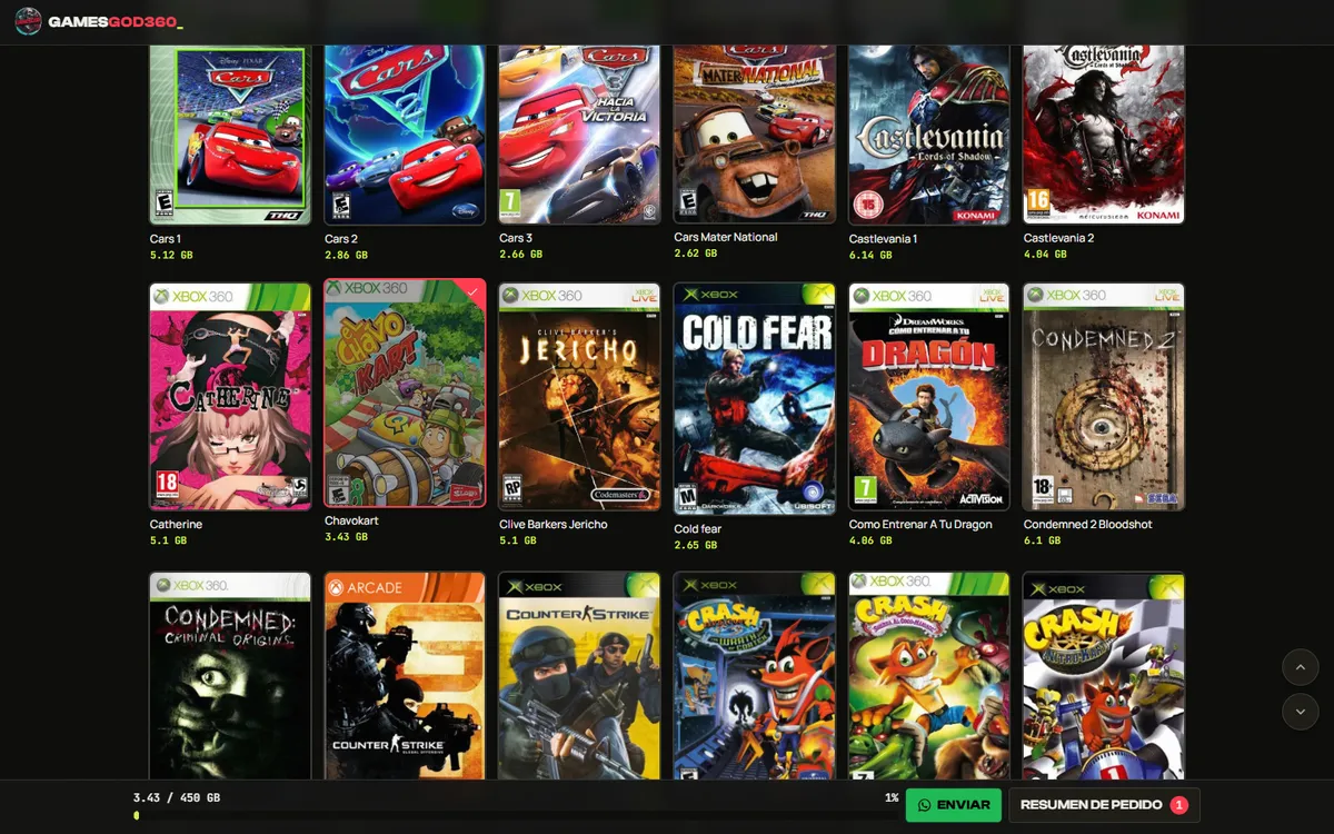 Portada de GamesGod360: catálogo de discos duros con juegos Xbox 360
